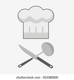 Chef hat sign vector. Cooks hat with kitchen utensils. Flat isolated icon on white background