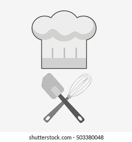 Chef hat sign vector. Cooks hat with kitchen utensils. Flat isolated icon on white background