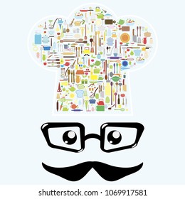 Chef hat silhouette with cute kitchen cutlery inside. vector illustration