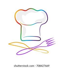Chef hat silhouette, fork and knife isolated set. Colorful hat chef cook for logo. Stock vector illustration