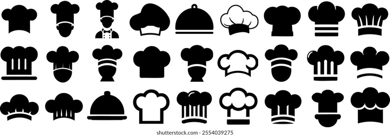 Chef hat silhouette icons set, professional cooking symbols, kitchen uniform vector designs, culinary logo concepts, food industry illustrations, chef hats for branding, menus, advertisements