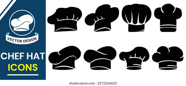 Chef hat silhouette, vector design. Chef hat vector, icon set. Cooking hat silhouette, vector set. Kitchen, Restaurant, Bakery hat silhouette. Vector illustration.