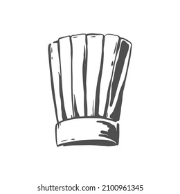 Chef hat sketch on a white isolated background. Kitchen uniform. Vector hand-drawn illustration. Icon.