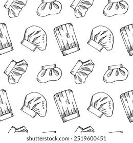 Chef hat sketch seamless pattern. Hand drawn vector repeating background with different types of chefs hats for design, logo, label, card, print, icon, paper. Symbol for cooking, restaurant, bakery