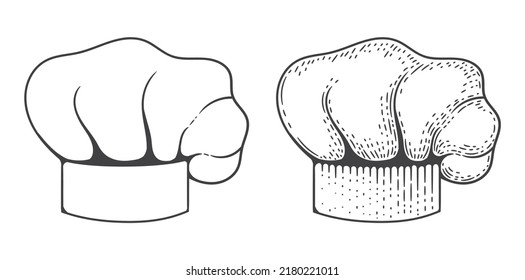chef hat sketch vintage engraving style. Vector black hat chef cook on white background