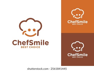 chef hat with smile logo design. happy food restaurant, cook icon vector template