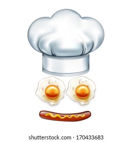 chef hat and smiley face made of wurst and eggs isolated
