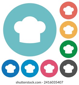 Chef hat solid flat white icons on round color backgrounds