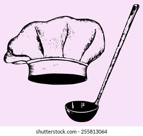Chef Hat And Soup Ladle, Hand Drawn, Doodle Style