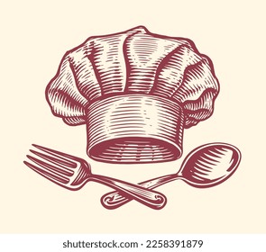 Chef hat, spoon and fork. Cooking food, restaurant menu concept. Sketch vintage vector illustration