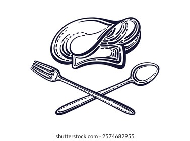 Chef hat, spoon and fork. Cooking hand drawn vector symbol. Vintage style. Graphic texture illustration on transparent background. Can used for food design