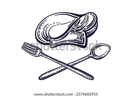Chef hat, spoon and fork. Cooking hand drawn vector symbol. Vintage style. Graphic texture illustration on transparent background. Can used for food design
