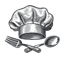 Chef Hat With Spoon And Fork. Design For Restaurant Or Diner Menu. Hand Drawn Vintage Sketch Vector Illustration