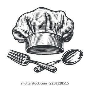 Chef hat with spoon and fork. Design for restaurant or diner menu. Hand drawn vintage sketch vector illustration