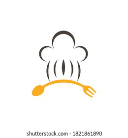 Sombrero de chef, cuchara y tenedor. Concepto del logotipo del restaurante gastronómico con un estilo plano