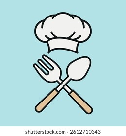 Chef hat and spoon fork icon represents cooking passion, culinary creativity, and professional kitchen vibes.

