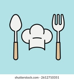 Chef hat and spoon fork icon represents cooking passion, culinary creativity, and professional kitchen vibes.

