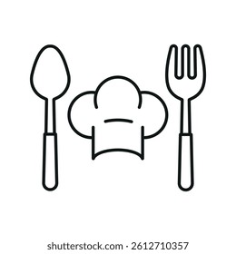 Chef hat and spoon fork icon represents cooking passion, culinary creativity, and professional kitchen vibes.

