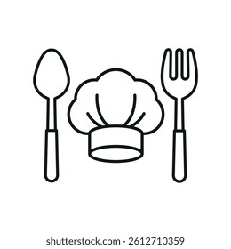 Chef hat and spoon fork icon represents cooking passion, culinary creativity, and professional kitchen vibes.

