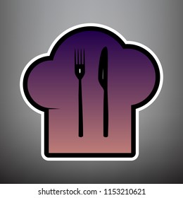 Chef hat and spoon, fork, knife sign. Vector. Violet gradient icon with black and white linear edges at gray background.