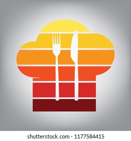 Chef hat and spoon, fork, knife sign. Vector. Horizontally sliced icon with colors from sunny gradient in gray background.