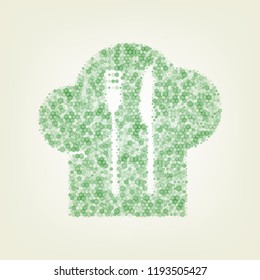 Chef hat and spoon, fork, knife sign. Vector. Green hexagon rastered icon and noised opacity and size at light green background with central light.