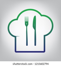 Chef hat and spoon, fork, knife sign. Vector. Green to blue gradient contour icon at grayish background with light in center.