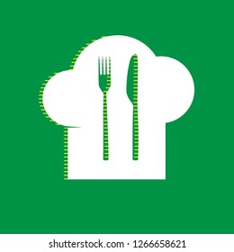 Chef hat and spoon, fork, knife sign. Vector. White flat icon with yellow striped shadow at green background.
