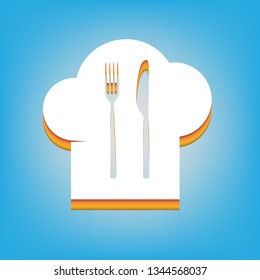 Chef hat and spoon, fork, knife sign. Vector. White icon with 3d warm-colored gradient body at sky blue background.
