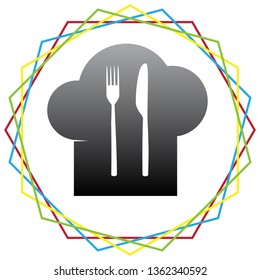 Chef hat and spoon, fork, knife sign. Vector. Black icon with patch of light inside colorful hexagonal frames at white background.