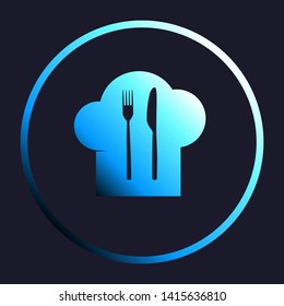 Chef hat and spoon, fork, knife sign. White, cyan and blue gradient icon as round button in white shell at dark blue background. Illustration.