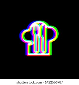 Chef hat and spoon, fork, knife sign. Red, green and blue unfocused contour icon at black background. Illustration.