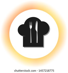 Chef hat and spoon, fork, knife sign. Dark icon with shadow on the glowing circle button. Illustration.