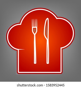 Chef hat and spoon, fork, knife sign. Flat red icon with linear white icon with gray shadow at grayish background. Illustration.