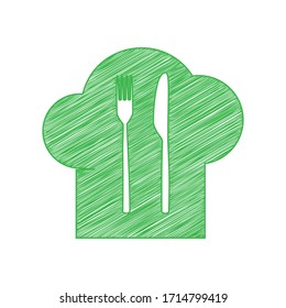 Chef hat and spoon, fork, knife sign. Green scribble Icon with solid contour on white background. Illustration.