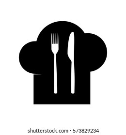 Chef hat and spoon, fork, knife sign. Flat style black icon on w