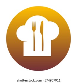 Chef hat and spoon, fork, knife sign. White icon in circle with golden gradient as background. Isolated.