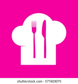 Chef hat and spoon, fork, knife sign. White icon at magenta background.