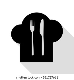Chef hat and spoon, fork, knife sign. Black icon with flat style shadow path.