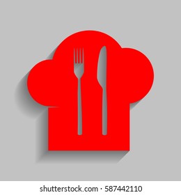 Chef hat and spoon, fork, knife sign. Vector. Red icon with soft shadow on gray background.