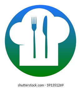 Chef hat and spoon, fork, knife sign. Vector. White icon in bluish circle on white background. Isolated.