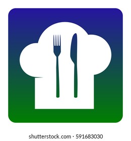 Chef hat and spoon, fork, knife sign. Vector. White icon at green-blue gradient square with rounded corners on white background. Isolated.