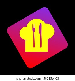 Chef hat and spoon, fork, knife sign. Vector. Yellow icon at violet-red gradient square with rounded corners rotated for dynamics on black background.