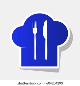 Chef hat and spoon, fork, knife sign. Vector. New year bluish icon with outside stroke and gray shadow on light gray background.