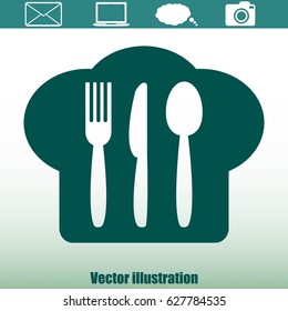 chef hat, spoon, fork, knife icon