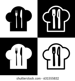Chef hat and spoon, fork, knife sign. Vector. Black and white icons and line icon on chess board.