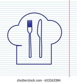 Chef hat and spoon, fork, knife sign. Vector. Navy line icon on notebook paper as background with red line for field.