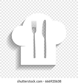 Chef hat and spoon, fork, knife sign. Vector. White icon with soft shadow on transparent background.