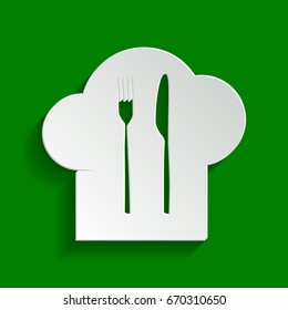 Chef hat and spoon, fork, knife sign. Vector. Paper whitish icon with soft shadow on green background.