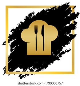Chef hat and spoon, fork, knife sign. Vector. Golden icon at black spot inside golden frame on white background.